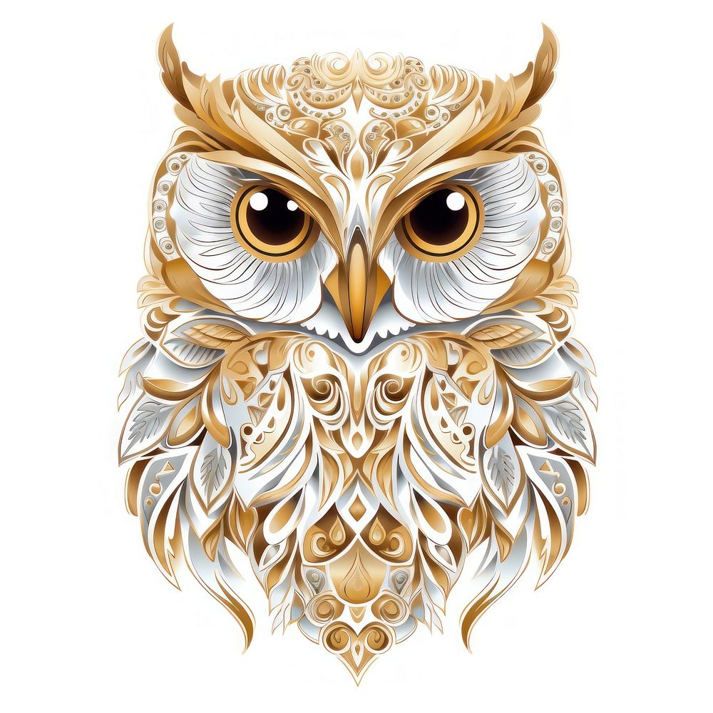 Owl stroke outline bird gold white background.