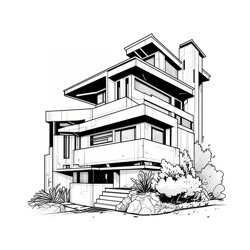 Outline sketching illustration of a Modern House cartoon drawing house.