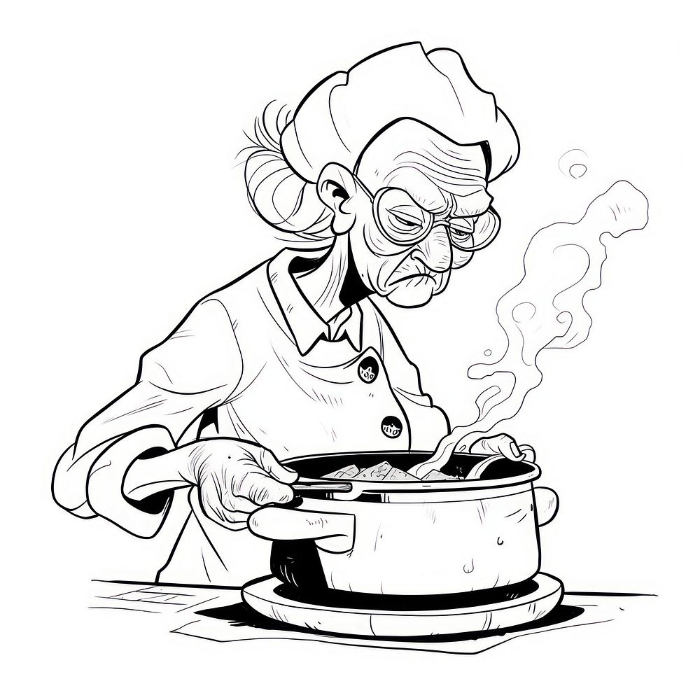 Outline sketching illustration of a old woman cooking cartoon drawing illustrated.