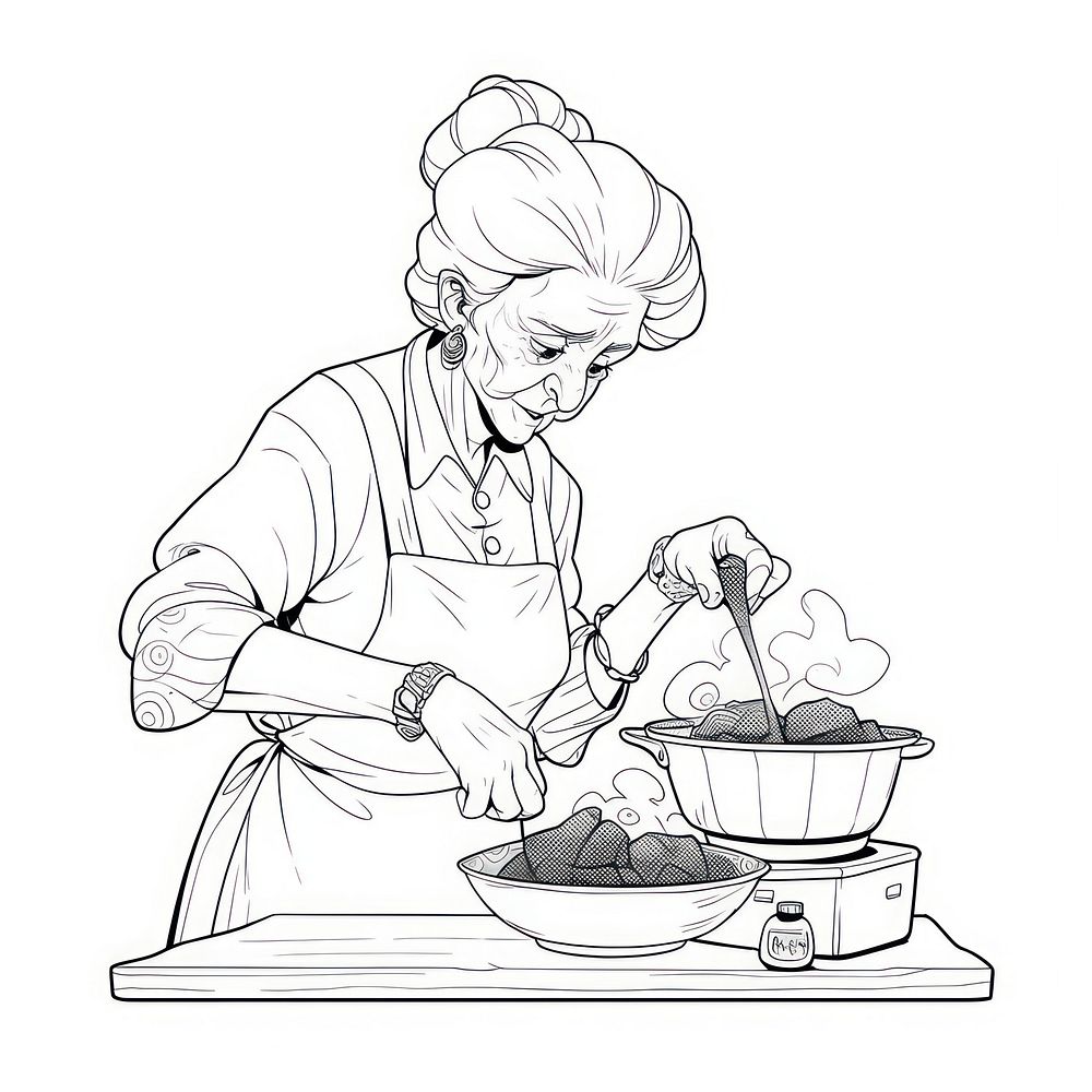 Outline sketching illustration of a old woman cooking drawing cartoon adult.