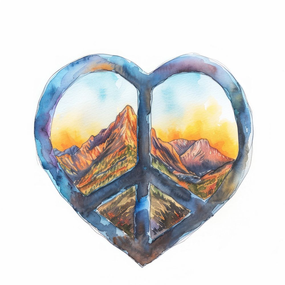 Peace Sign watercolor Mountain mountain shape heart.