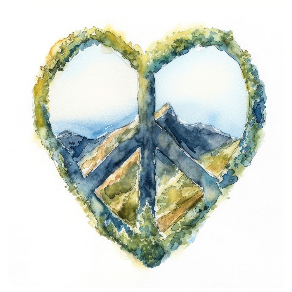 Peace Sign watercolor Mountain heart mountain shape.