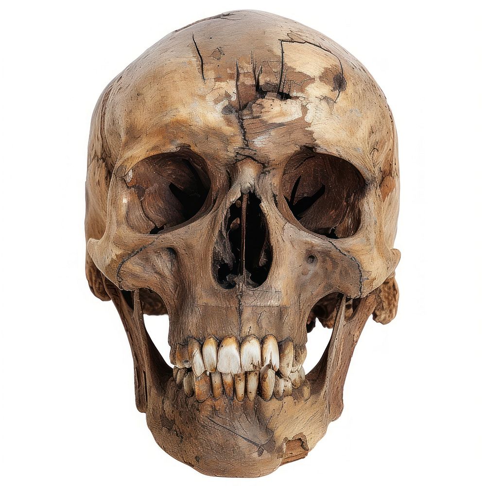 Wood texture skull white background anthropology sculpture.