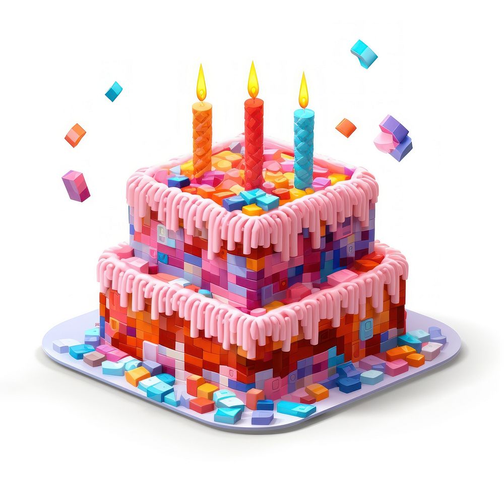 3D pixel art birthday cake dessert icing food.