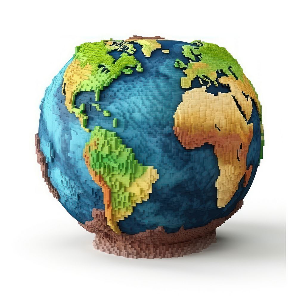 3D pixel art earth sphere planet globe.