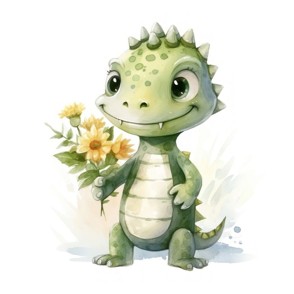 Crocodile hugging flower reptile cartoon animal.