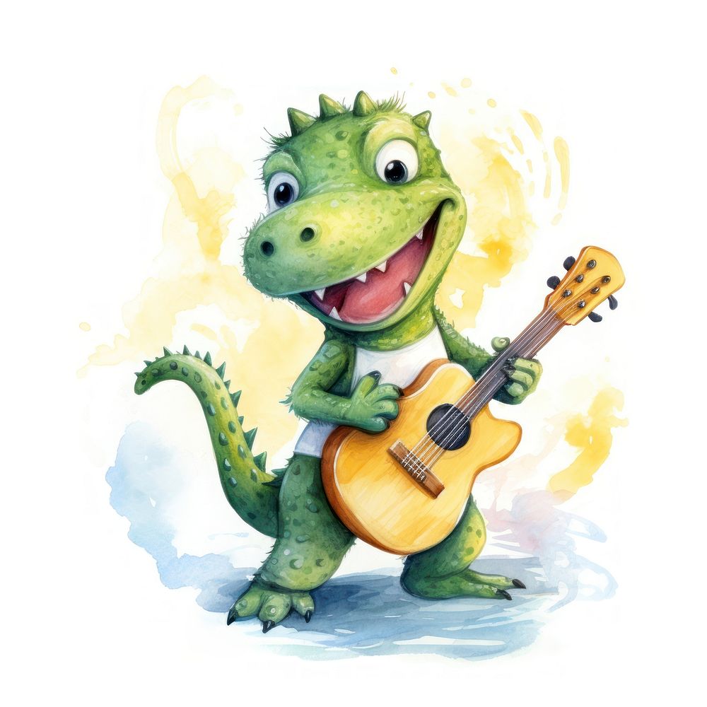 Crocodile playing guitar cartoon animal representation.