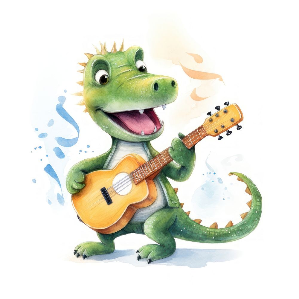 Crocodile playing guitar cartoon animal white background.