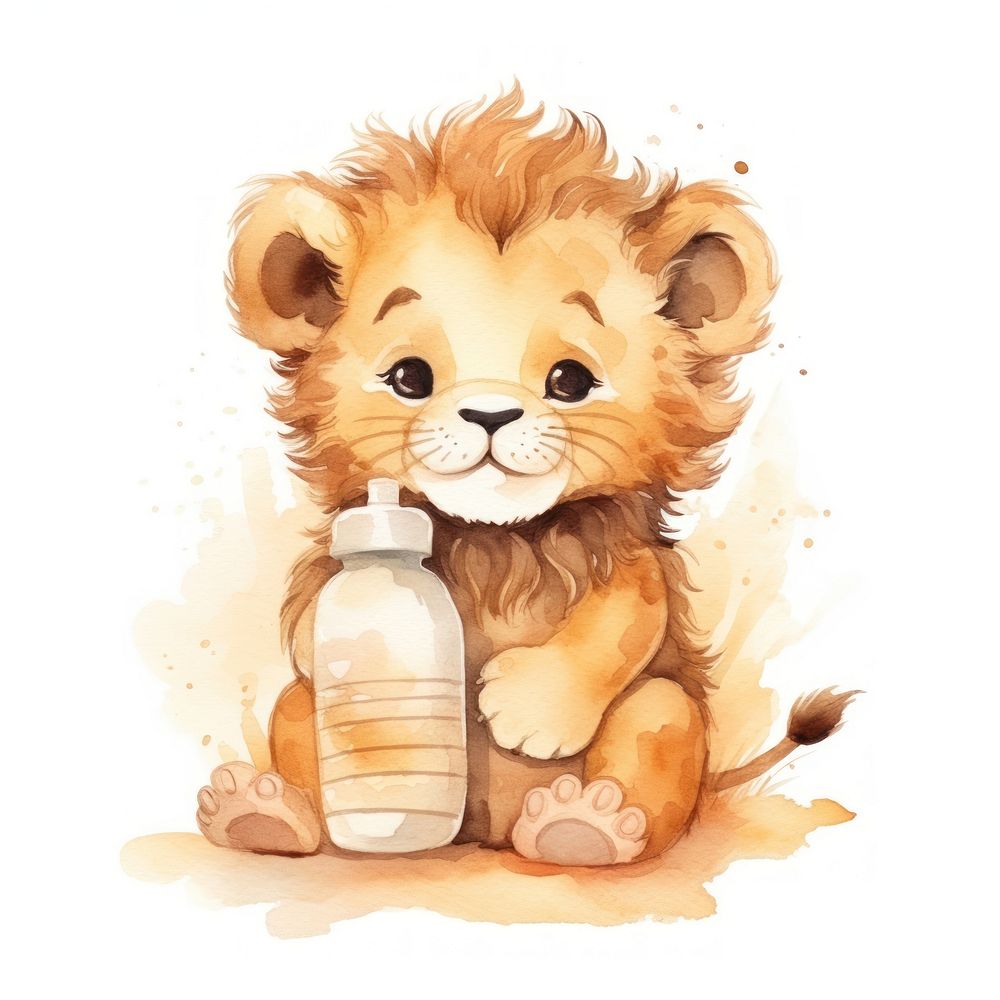 Lion hugging baby milk bottle animal cartoon mammal.
