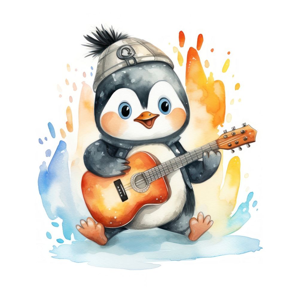Penquin playing guitar cartoon cute baby.