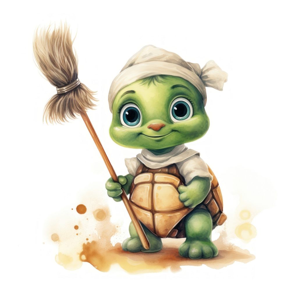 Turtle holding broom cartoon animal cute.