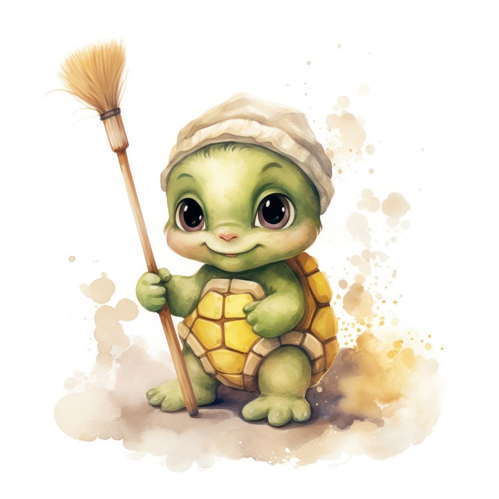 Turtle holding broom cartoon animal nature.