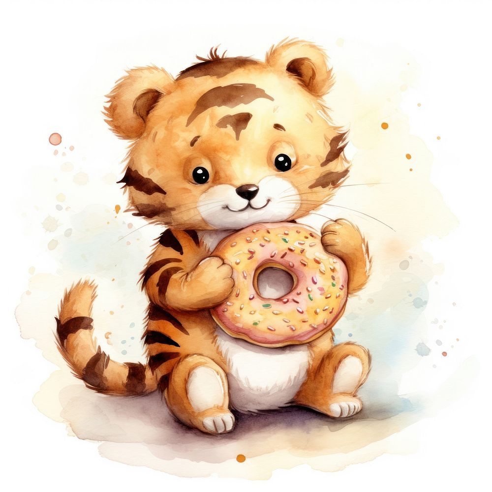 Tiger hugging donut cartoon food cute.