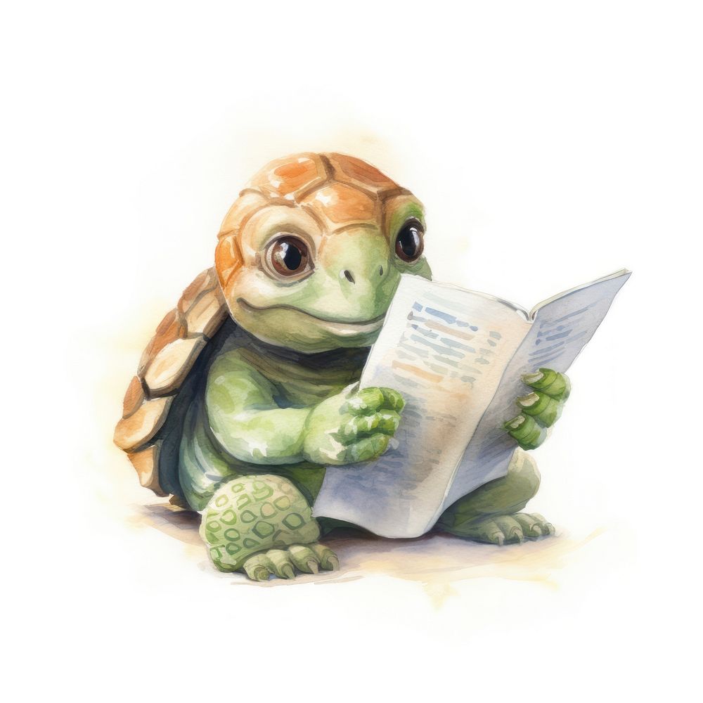Tortoise reading newspaper animal wildlife reptile.