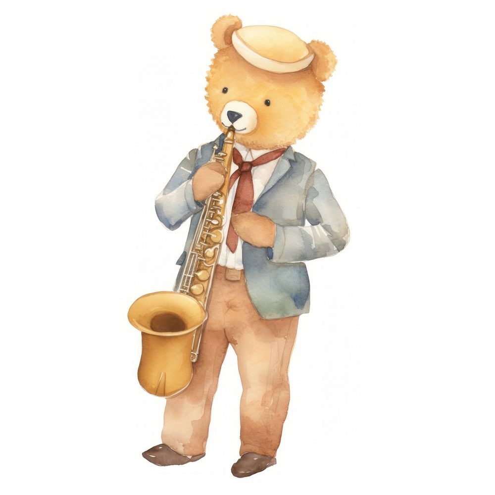 Teddy bear saxophone toy white background.