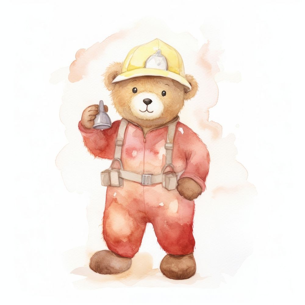 Teddy bear firefighter toy white background.