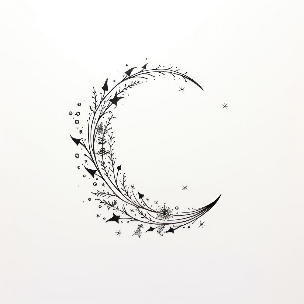 Celestial botanical crescent moon drawing pattern sketch.
