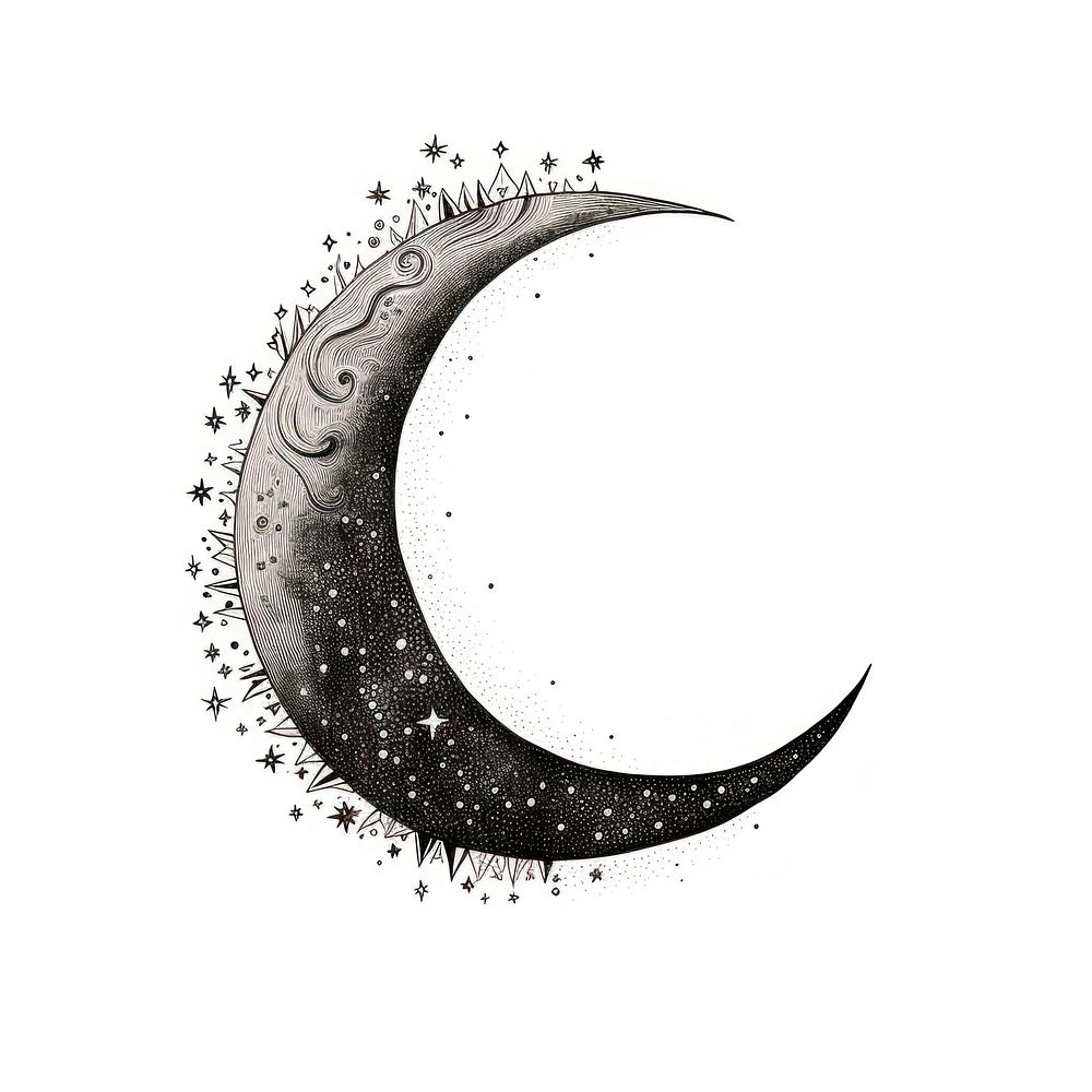 Celestial botanical crescent moon astronomy drawing nature.