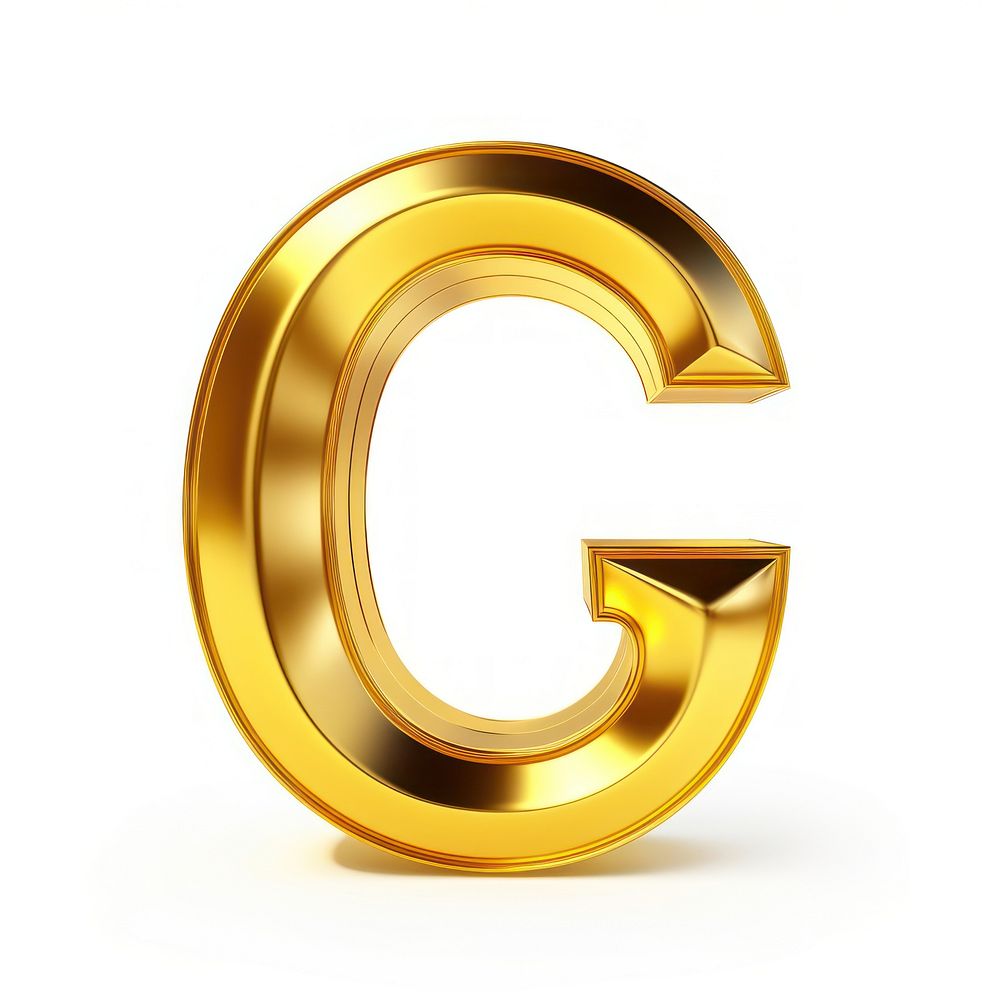 Letter G shiny gold font text white background.