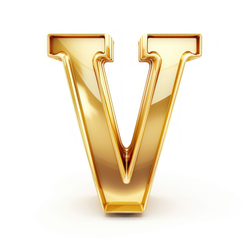 Letter V shiny gold font text white background.