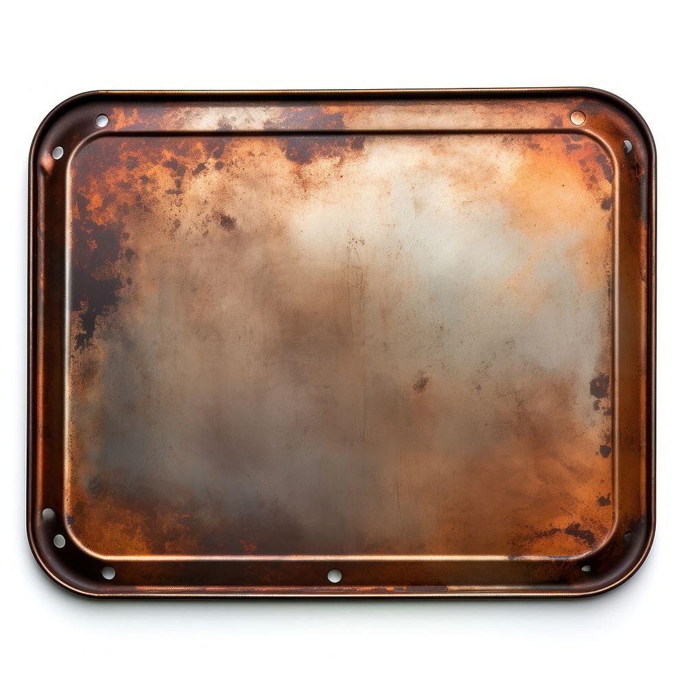 Copper tin frame vintage tray white background electronics.