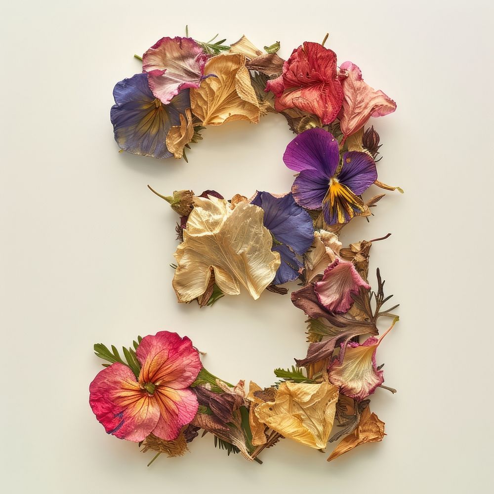 Alphabet Number 3 font flower wreath petal.