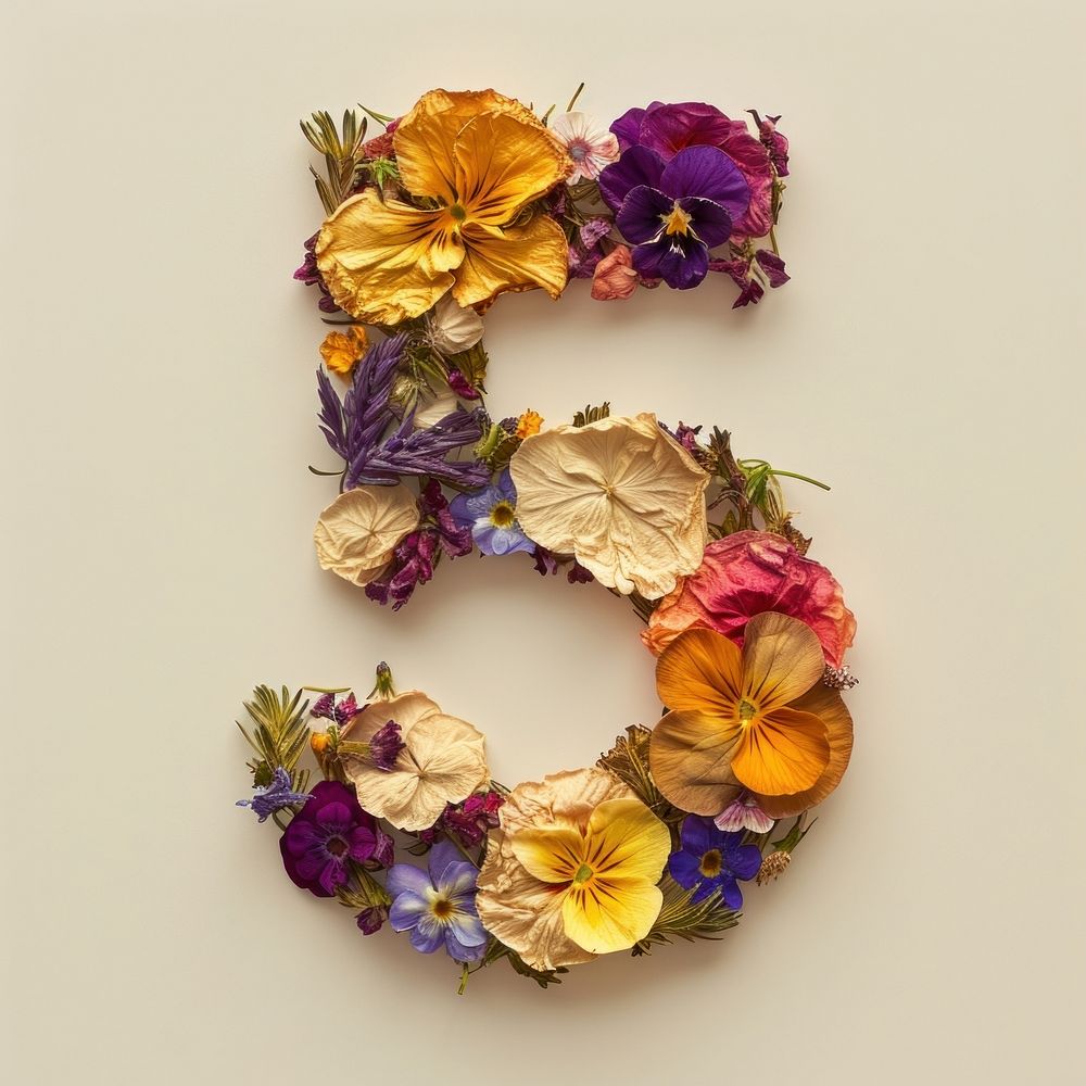 Alphabet Number 5 font flower art number.