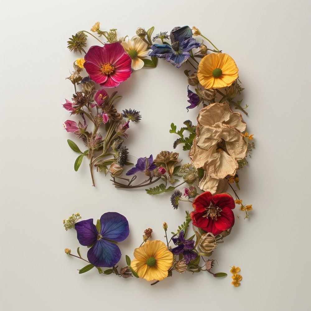 Alphabet Number 9 font flower art wreath.