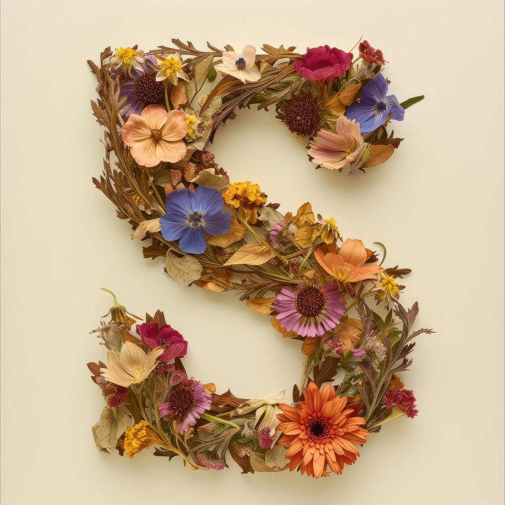 Alphabet S font flower art wreath.