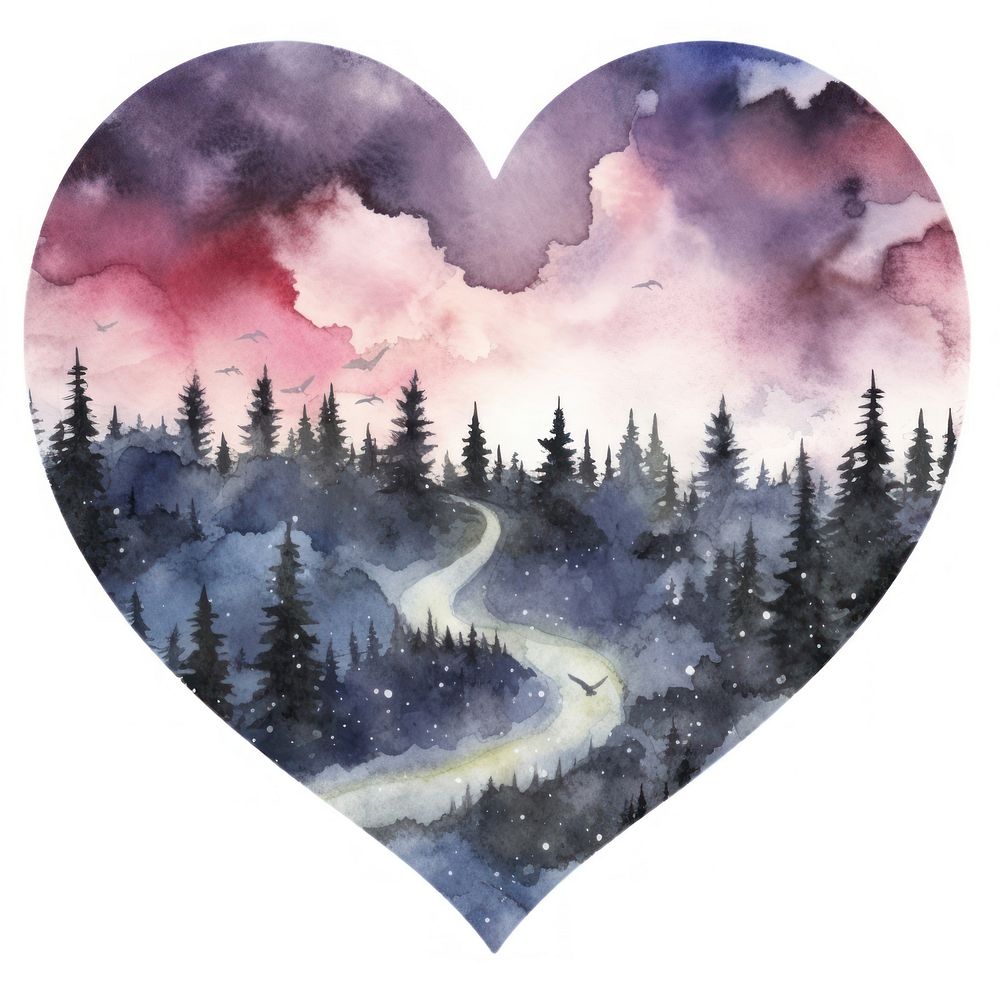 Heart watercolor night map landscape shape tranquility.