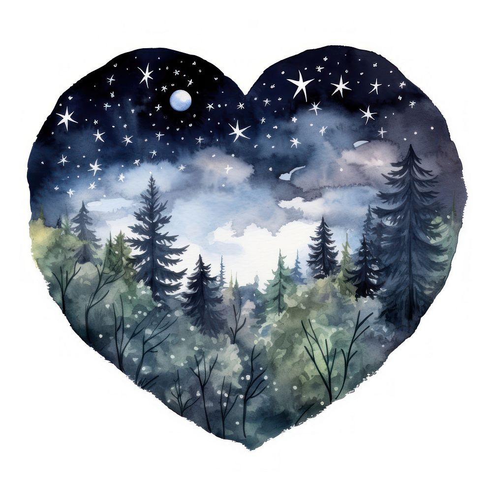 Heart watercolor night forest plant shape tree.
