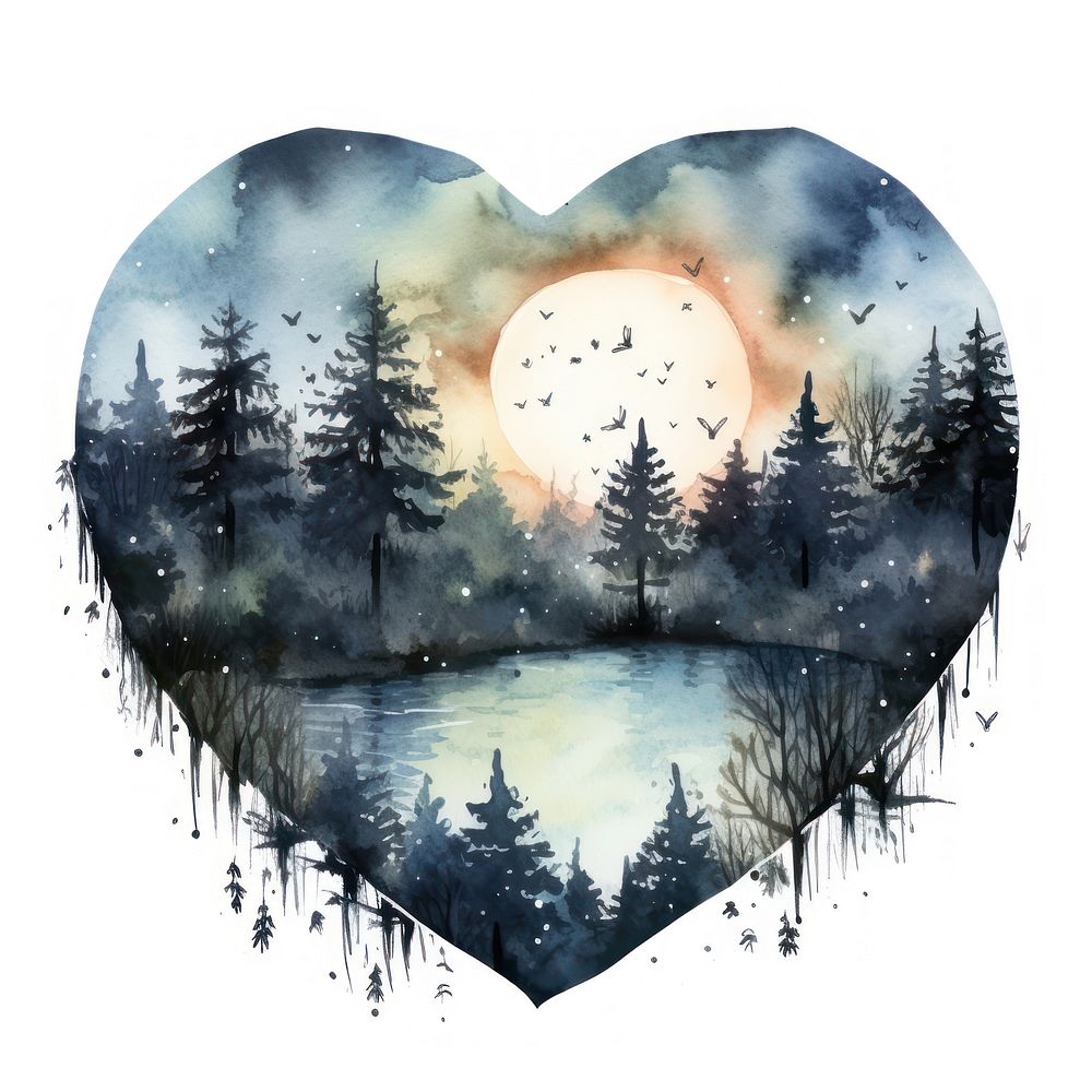 Heart watercolor night forest outdoors nature shape.