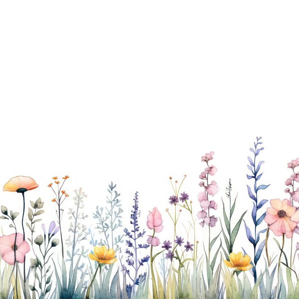Wildflowers border watercolor backgrounds lavender outdoors.