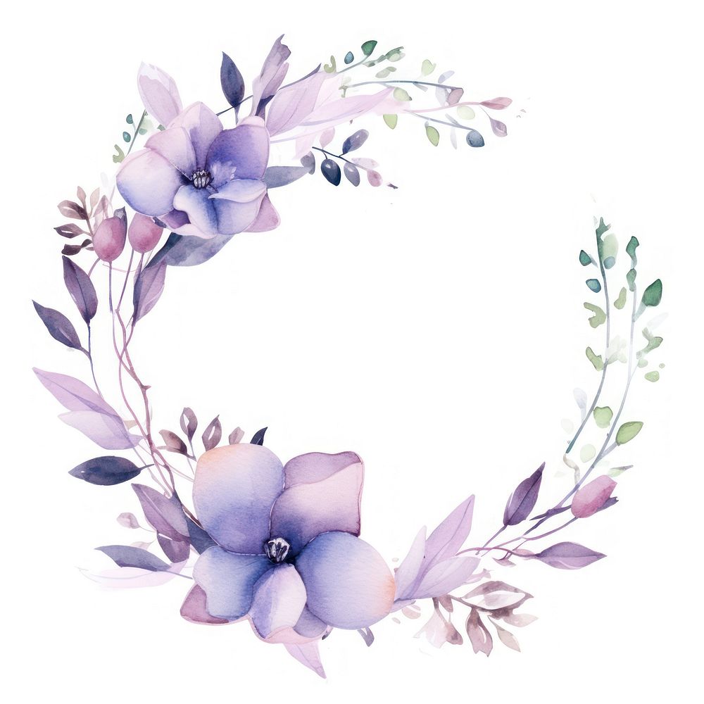 Purple flower frame watercolor wreath plant white background.