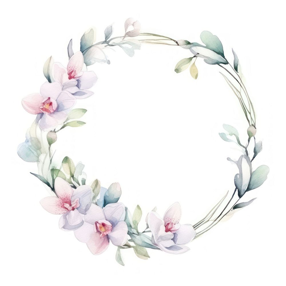 Orchids frame watercolor flower wreath white background.