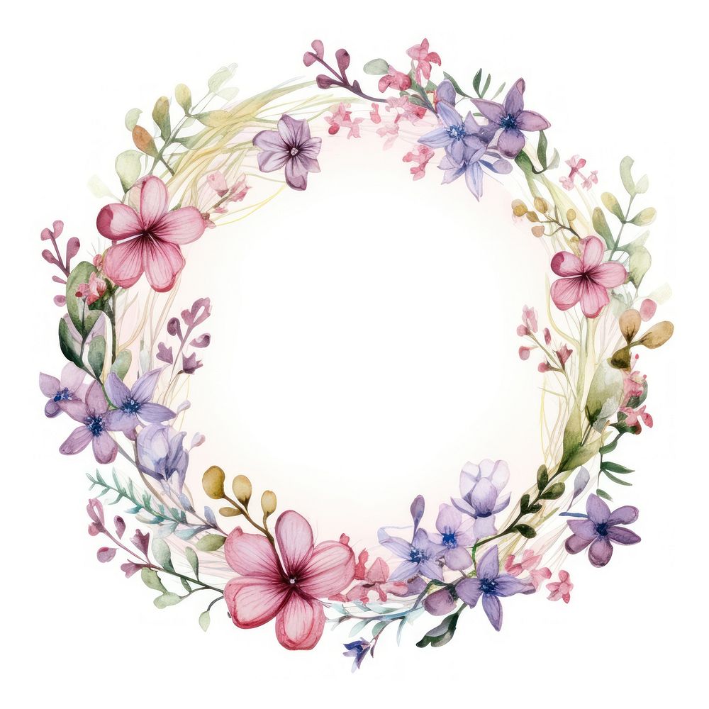 Wild flower border watercolor pattern circle wreath.