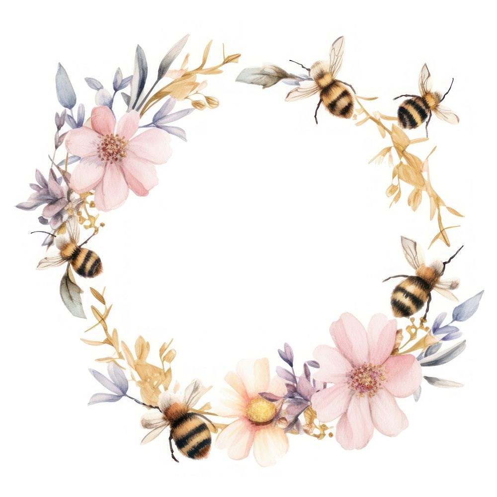 Bees border watercolor flower animal insect.