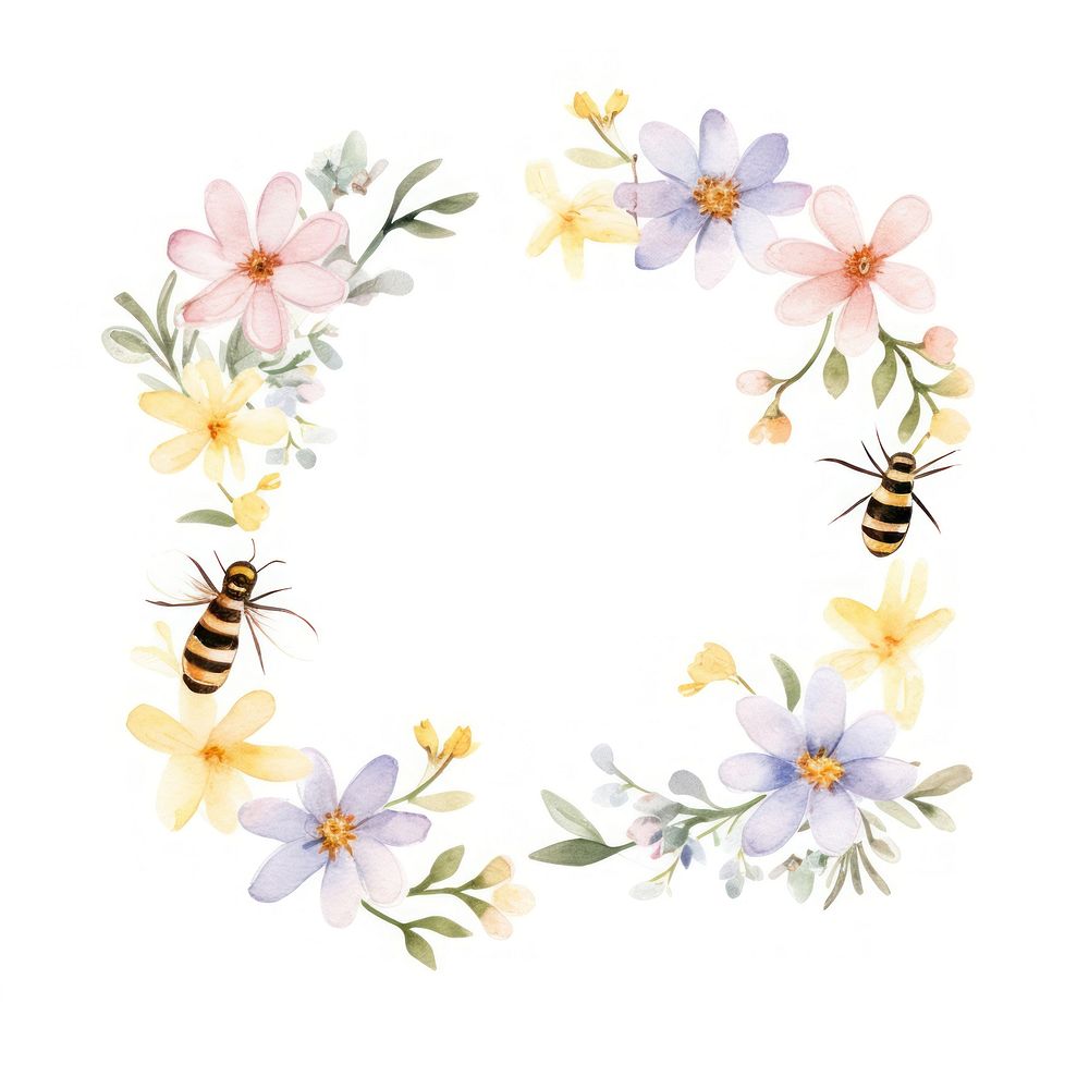 Bees border watercolor flower insect wreath.