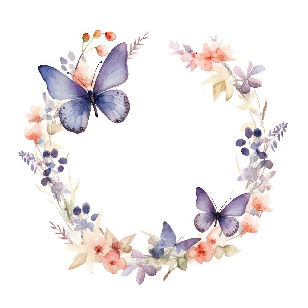 Butterflies frame watercolor flower pattern wreath.