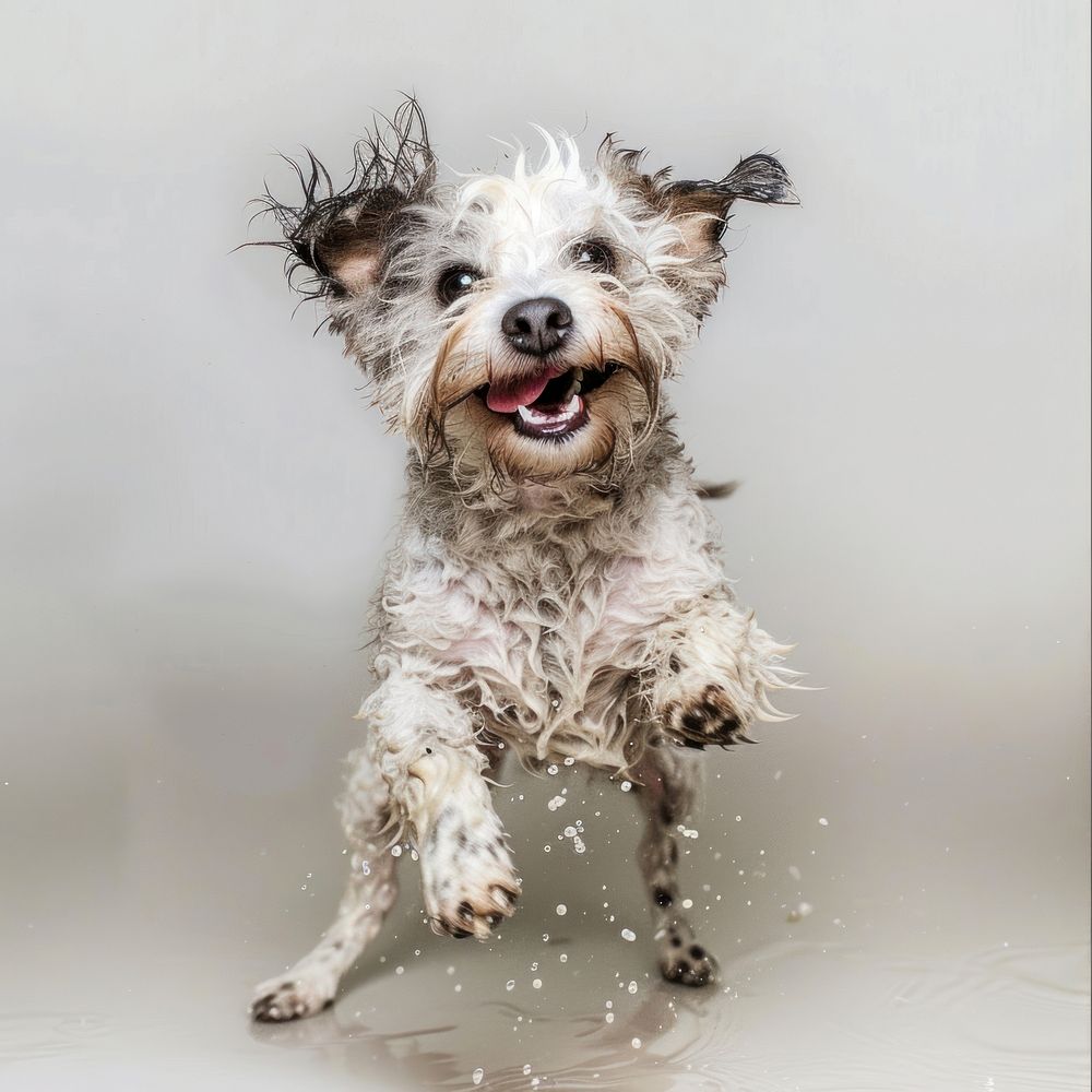 Smiling dancing puddle dog terrier mammal animal.