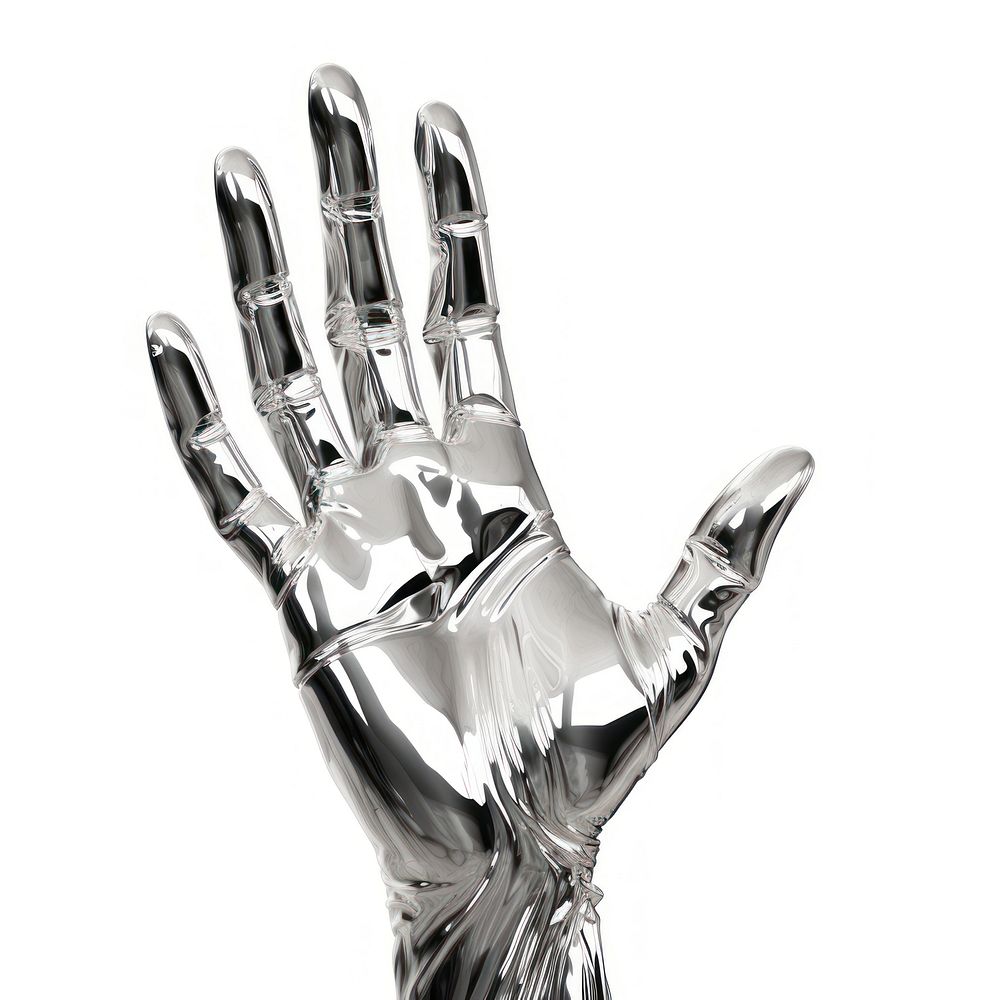 3d render of a hand in surreal abstract style metal white background electronics.