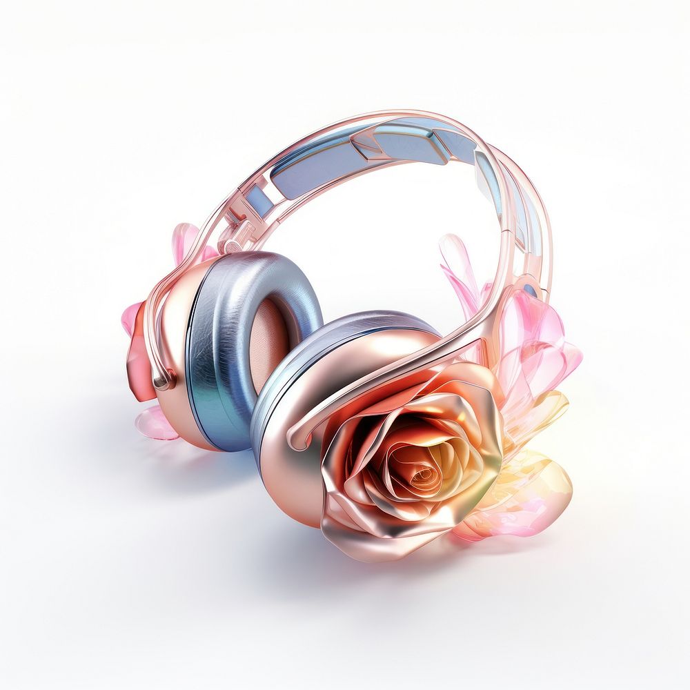3d render of a rose in headphone abstract style headphones headset white background.