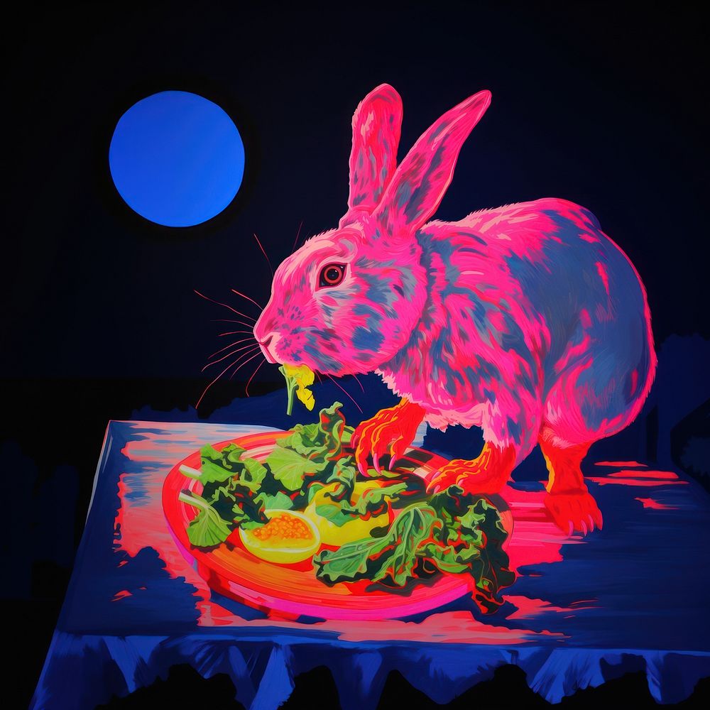 A rabbit eating gabage painting rodent animal.