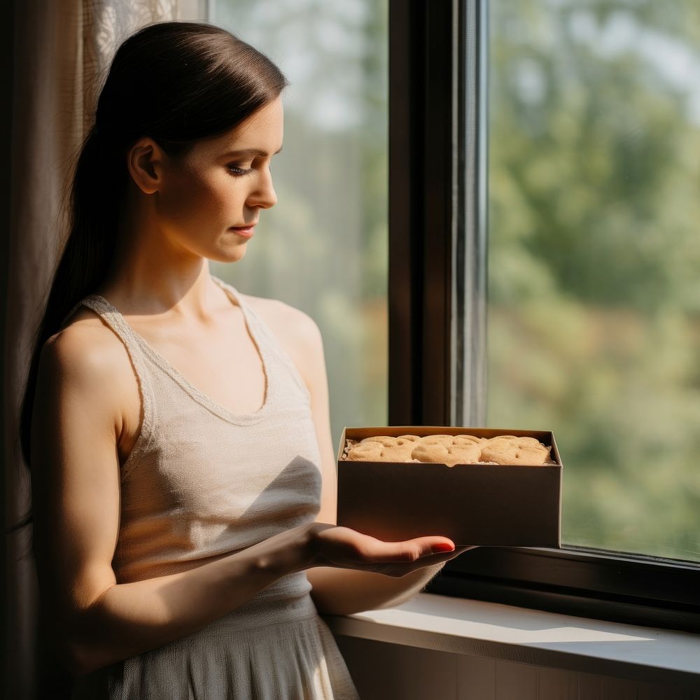 Cake window box packaging windowsill adult woman.