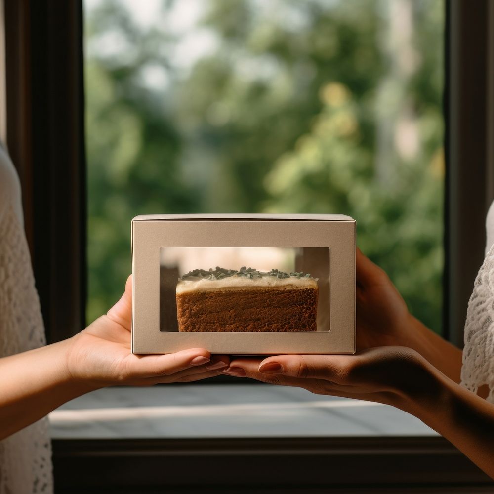 Cake window box packaging adult woman hand.
