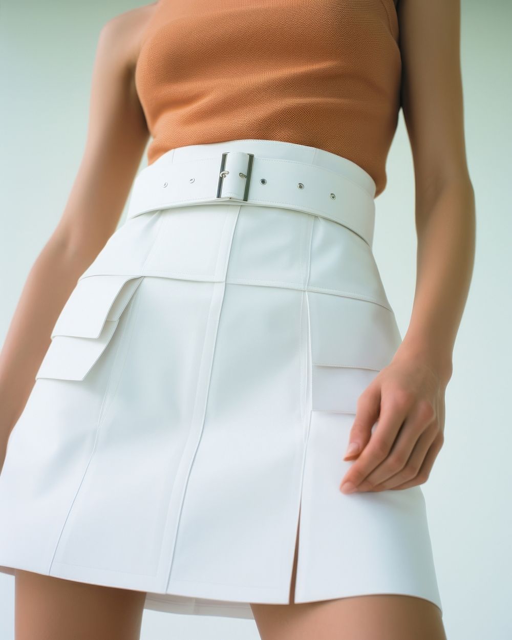 Super close up only bottom part of white skort with contrast waistband miniskirt adult undergarment.