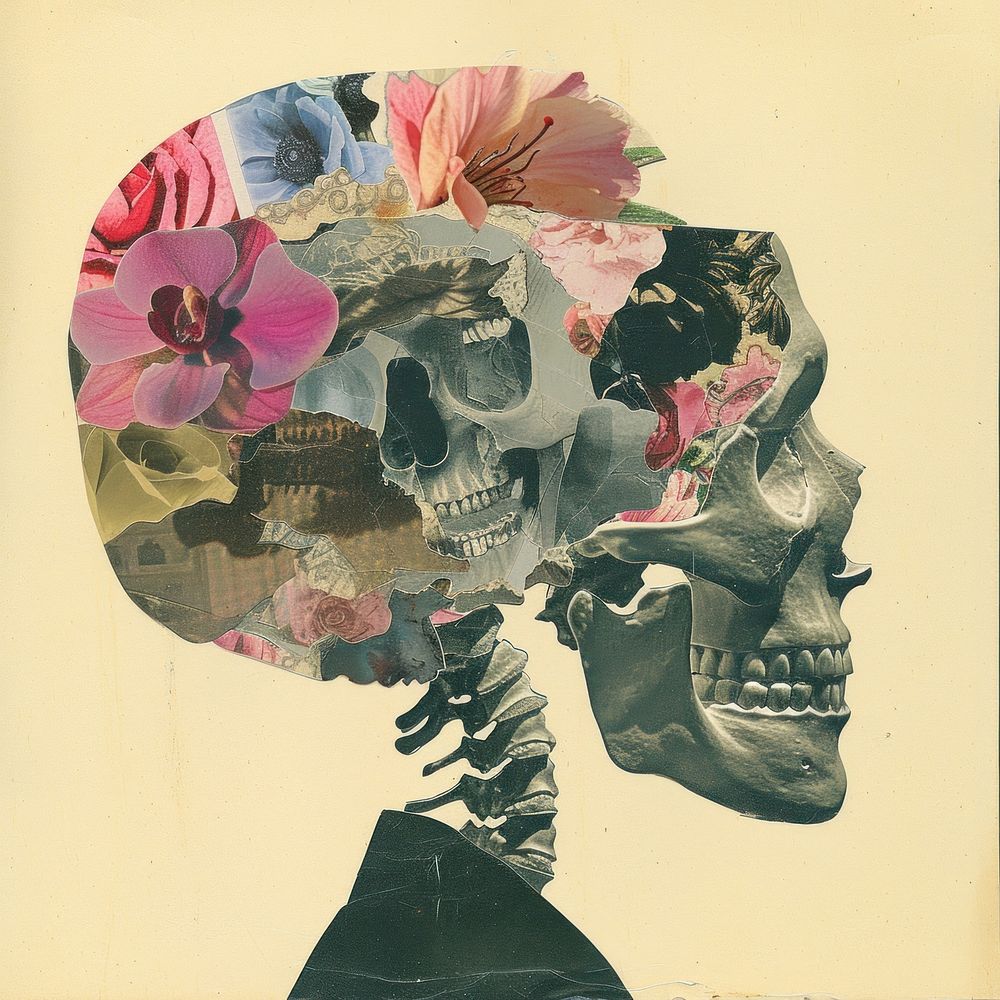 Paper collage of skull flower painting adult.