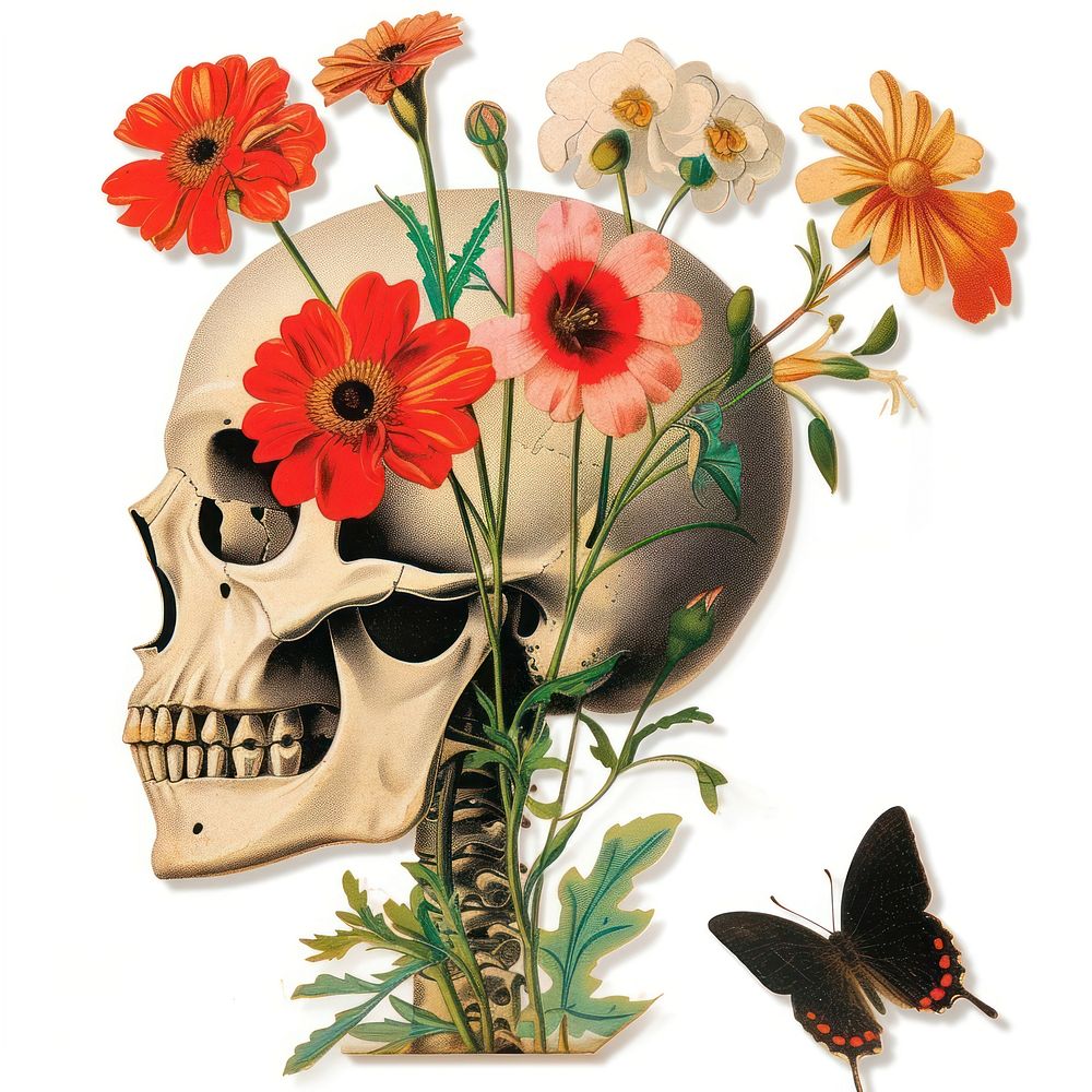 Paper collage of skull with flowers painting plant petal.