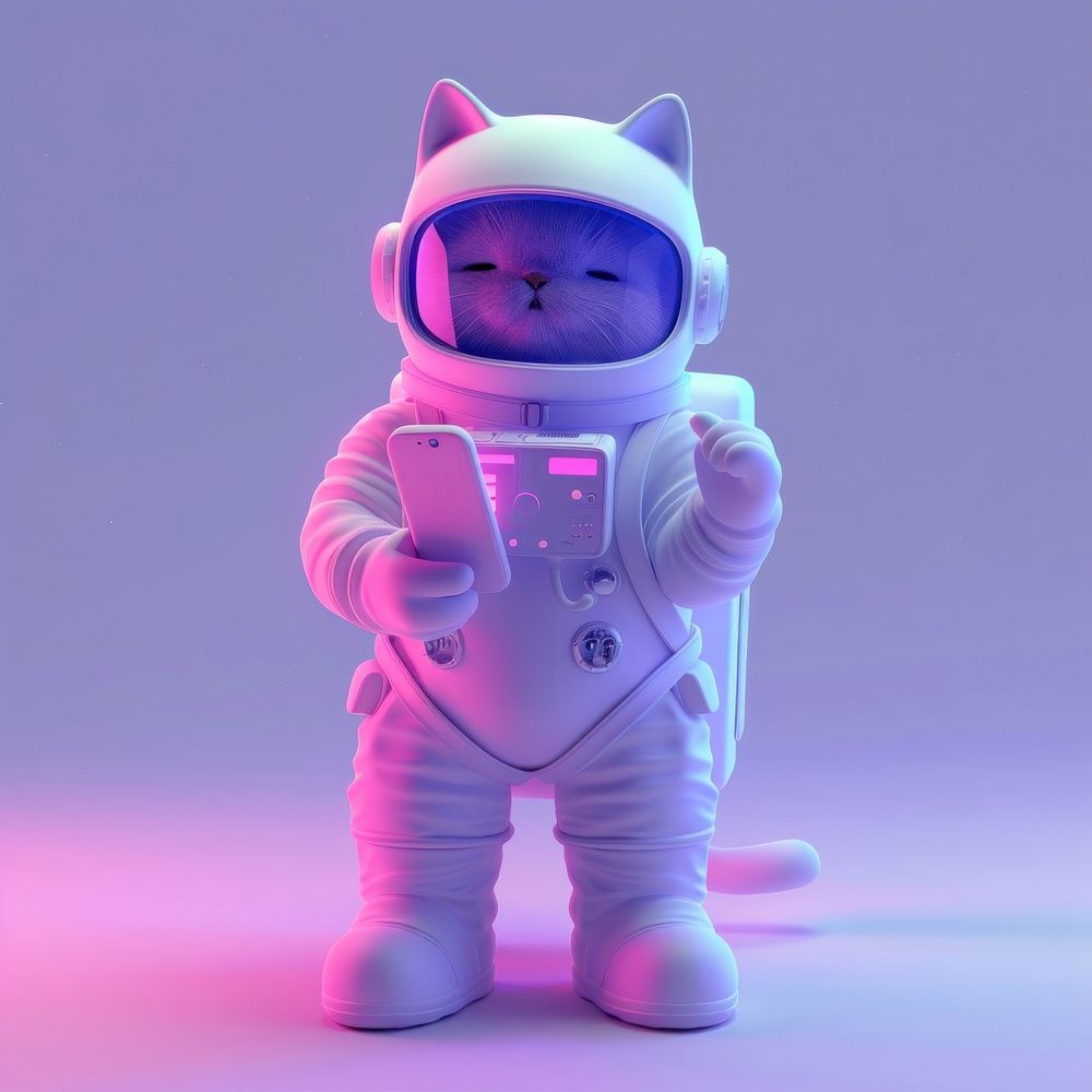 A cat wearing astronaut uniform purple phone cute.