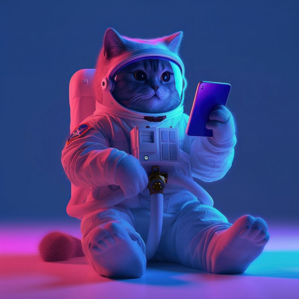 A cat wearing astronaut uniform cartoon mammal purple.